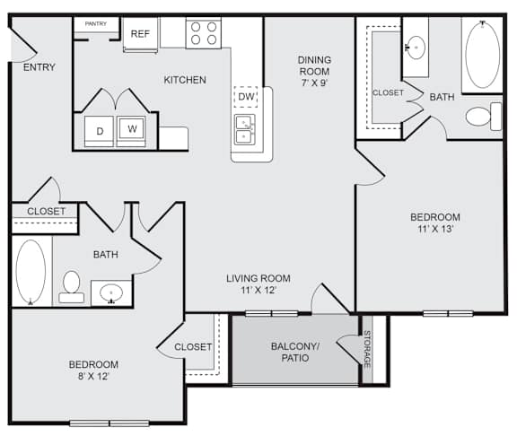 A black and white image of a house plan with a living room, dining room, kitchen, and two bedrooms.