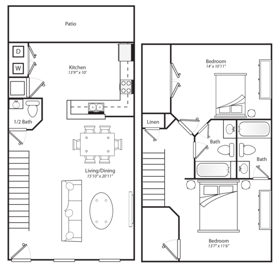 Riverside Floor Plan 2 bed 2.5 bath