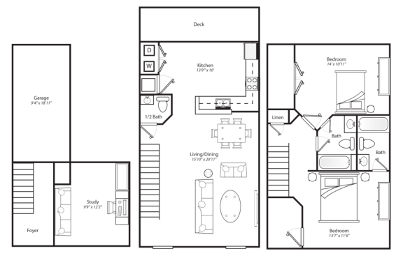 Riverside Floor Plan 2 bed 2.5 bath with Study