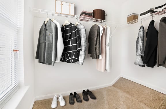 a walk in closet with white walls and beige carpet