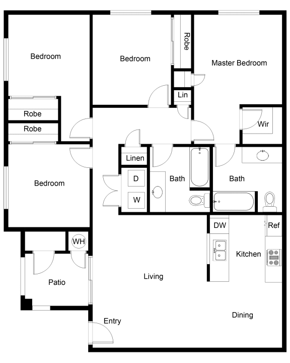 4 bedroom 2 bathroom floor plan layout at Lake Pleasant Village Apartments, Peoria, AZ 85382