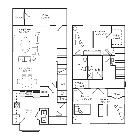 a floor plan of a two story house with two bedrooms and two bathrooms