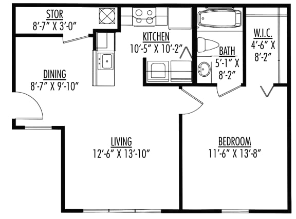 1 Bedroom 1 Bathroom Floor Plan- 648 square feet
