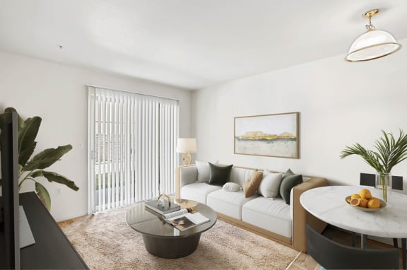 Bright living area with contemporary sofa and wall art at Rose Cove Homes Apartments, Farmington