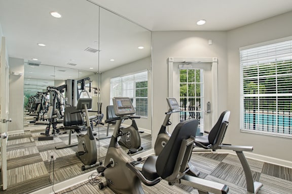 A gym with treadmills, exercise bikes and other equipment.