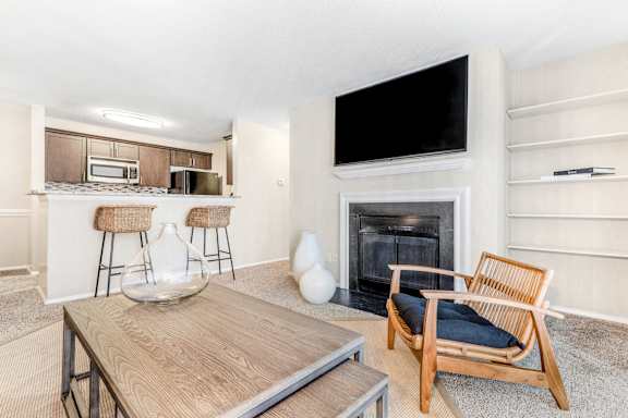 A modern living room with a fireplace and a television.