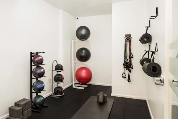 A gym with a red ball, a black ball, and a rack of kettlebells.