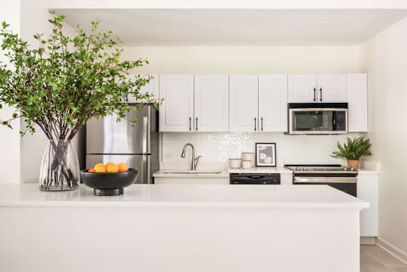 A kitchen with white cabinets and a white countertop.