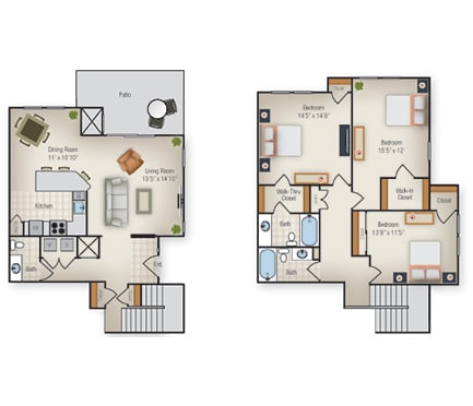 3 bedroom 2 and a half bathroom floorplan