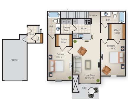 two bedroom and two bathroom floor plan