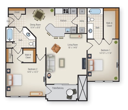 Two bedroom two bath floor plan