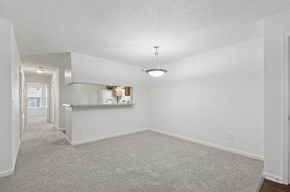 A spacious living room with a carpeted floor and a bar area in the background.