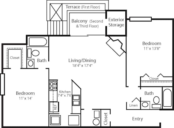 2 bed 2 bathroom floorplan