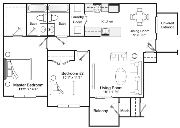Two Bedroom Two Bath 894 Square Feet 1st Floor floor plan