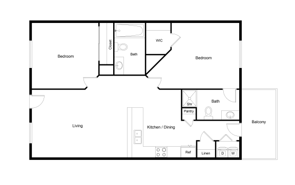 Two Bedroom Two Bathroom Floor Plan B1 866 SF
