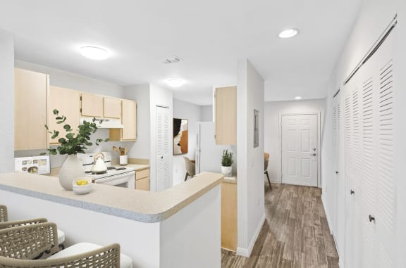 a kitchen and dining area