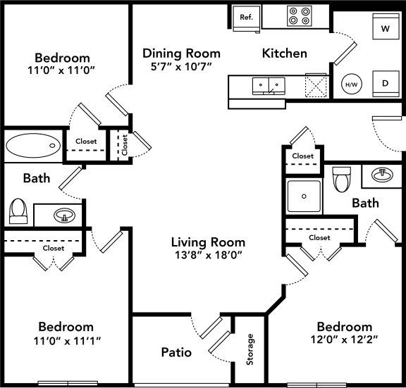 Three Bedroom Two Bathroom Floor Plan 1106