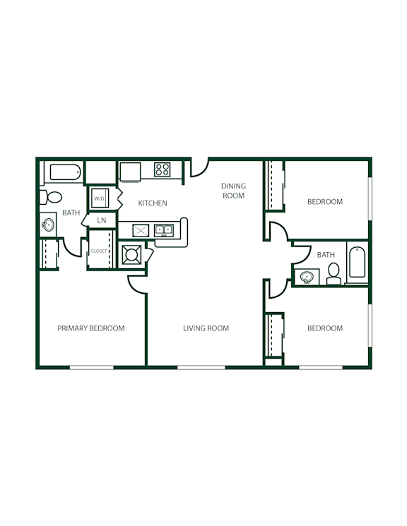 A floor plan of a house with a living room, dining room, kitchen, and four bedrooms.