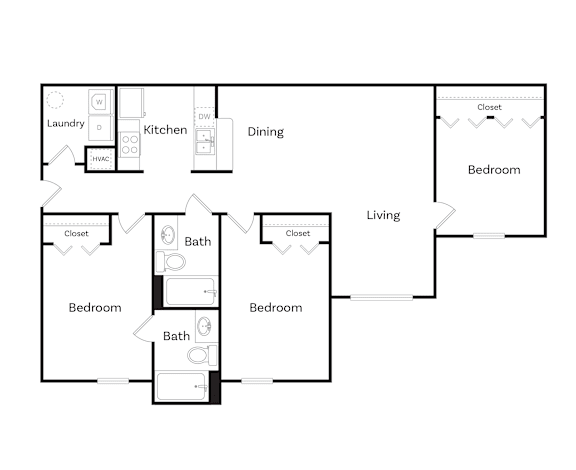 A floor plan of a house with a living room, dining room, kitchen, and three bedrooms.