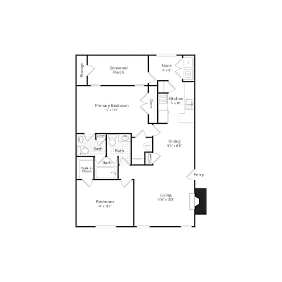 A floor plan of a house with a living room, two bedrooms, a bathroom, a kitchen, a storage area, a porch, and an entry.