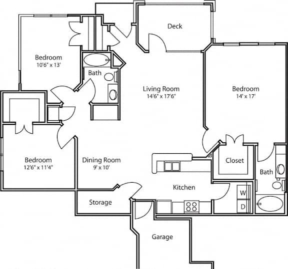 A black and white image of a house floor plan with a deck, four bedrooms, a living room, a dining room, a kitchen, a closet, a bath, and a storage area.
