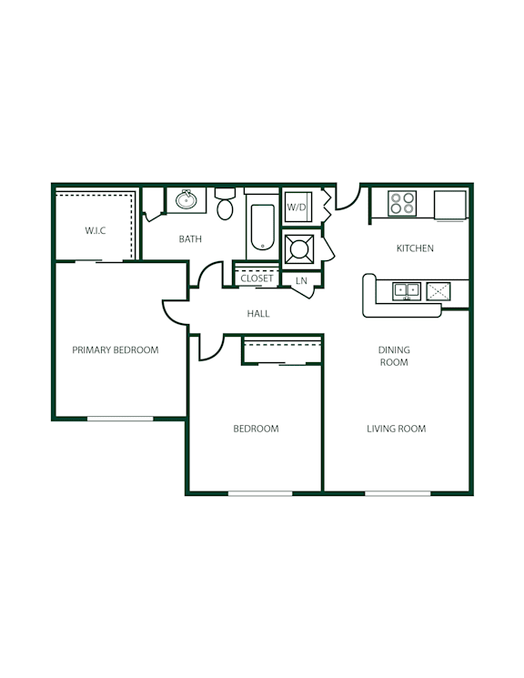 A floor plan of a house with a living room, dining room, kitchen, two bedrooms, a bathroom, and a hall.