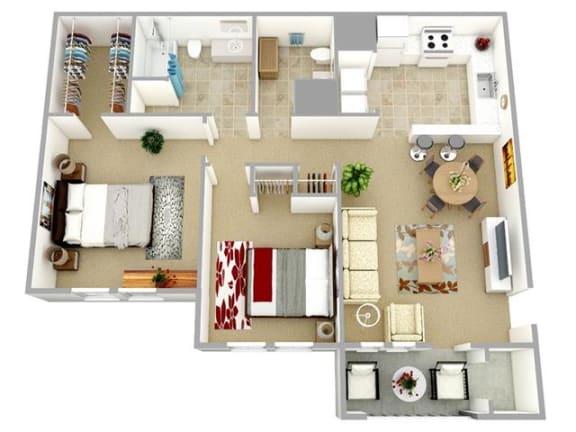 Two Bedroom One and a Half  Bath 876 Square Feet Floor Plan at South Main Commons Apartments, Manassas, Virginia