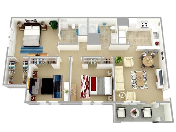 Three Bedroom Two Bath 1143 Square Feet Floor Plan at South Main Commons Apartments, Virginia