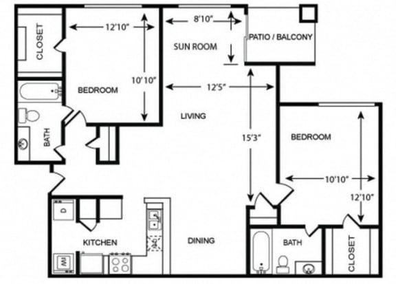 2 Bedroom 2 Bath Floor Plan 1100 sqft