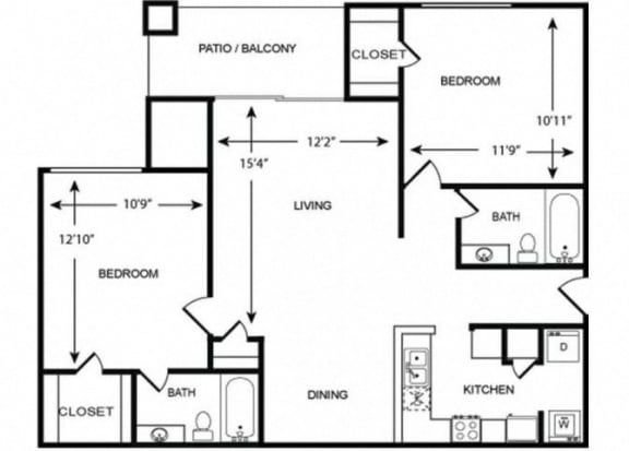 2 Bedroom 2 Bath Floor Plan 1025 Sqft
