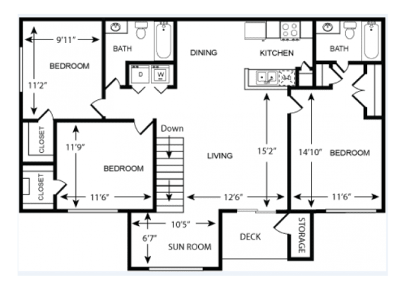 2 Bedroom 2 Bath Floor Plan 1250 sqft