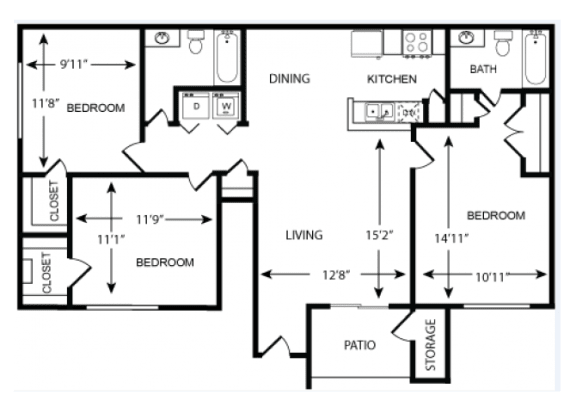 3 Bedroom  @ Bath Floor Plan 1200 sqft