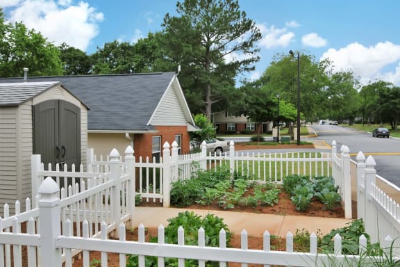a white picket fence with a garden behind it