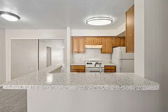 A kitchen with a granite countertop and wooden cabinets.