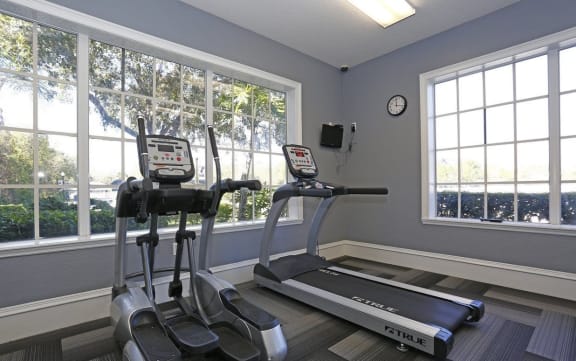 Fitness Center with Exercise Equipment  in Front of Windows
