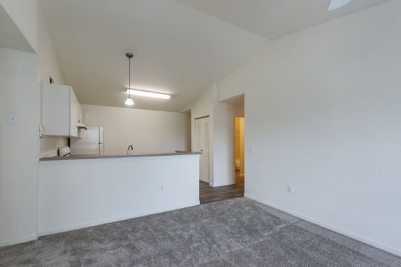 Living room looking into kitchen with pendant lighting and kitchen bar