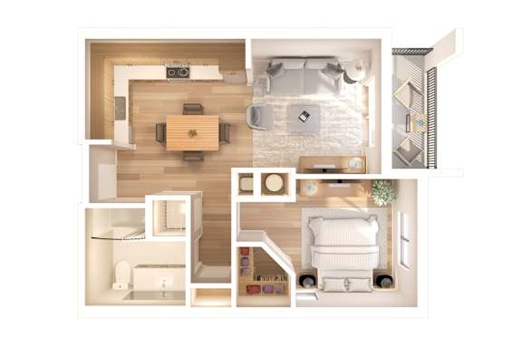 a stylized floor plan of a house with a bedroom and a living room