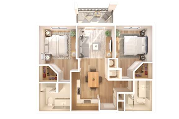 a 3d floor plan of a house with a bedroom and living room