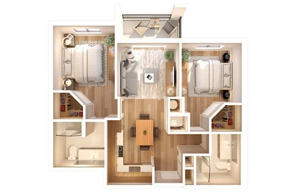 a 3d drawing of the interior of a 2 bedroom house