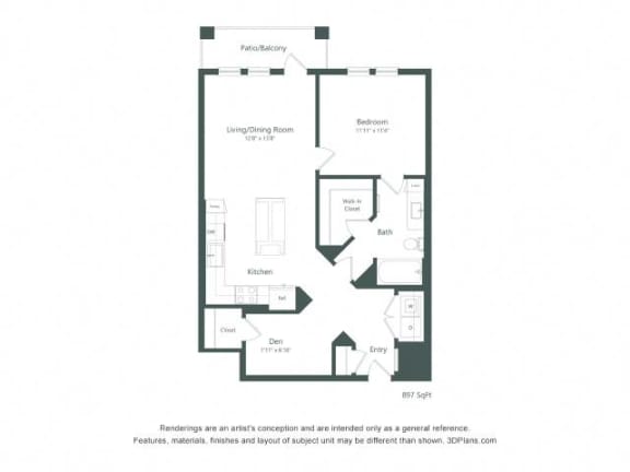 a floor plan of a unit with a bedroom and a living room