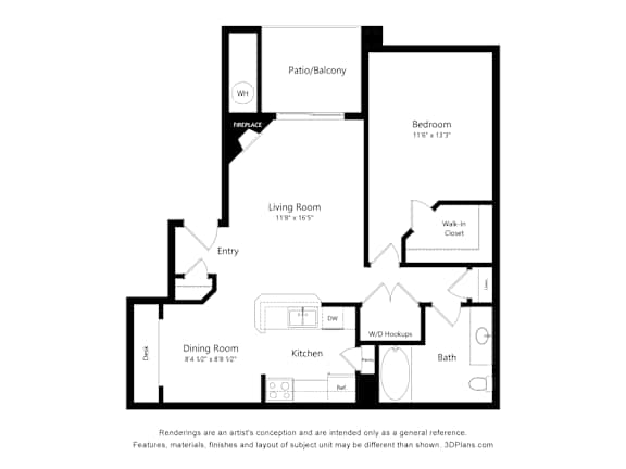 A floor plan of a home with a living room, dining room, kitchen, bathroom, bedroom, and a patio/balcony.