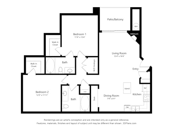 A floor plan of a house with two bathrooms, two bedrooms, a living room, a dining room, a kitchen, and a patio.
