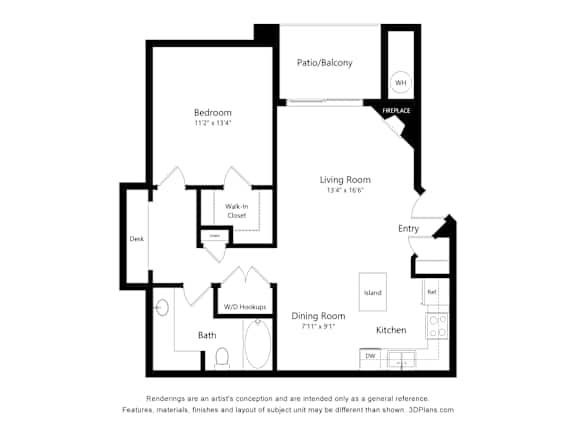 A floor plan of a home with a bedroom, living room, dining room, kitchen, and bath.