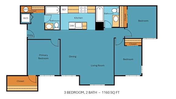 A floor plan of a 3 bedroom, 2 bathroom apartment.
