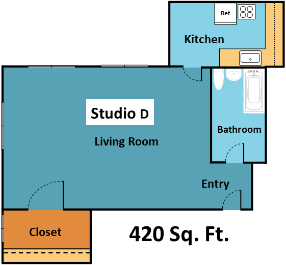 Floor Plan  A floor plan of a studio apartment with a living room, kitchen, bathroom, and closet.