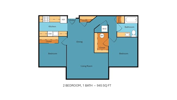 A floor plan of a 2 bedroom, 1 bath home that is 945 square feet.
