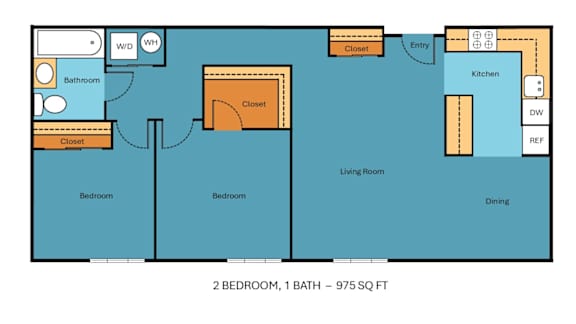 A floor plan of a 2 bedroom, 1 bath apartment is shown.