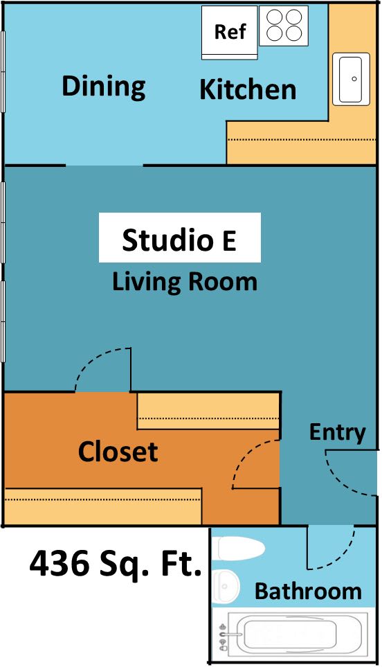 Floor Plan  A floor plan of a studio apartment with a living room, kitchen, and bathroom.