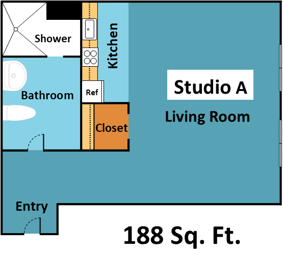 Floor Plan  A floor plan of a studio apartment with a living room, kitchen, bathroom and closet.