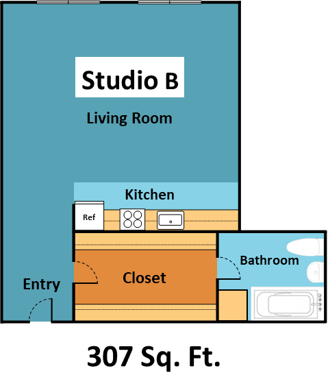 Floor Plan  A diagram of a 307 square foot Studio B living room.